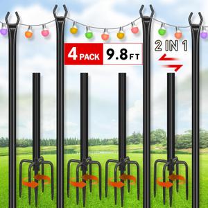 FEED GARDEN 4 Pack String Light Poles for Outside, 9.8FT Metal Poles for Outdoor String Lights, Stand Poles for Deck, Garden, Patio, Wedding, Backyard, Christmas Party