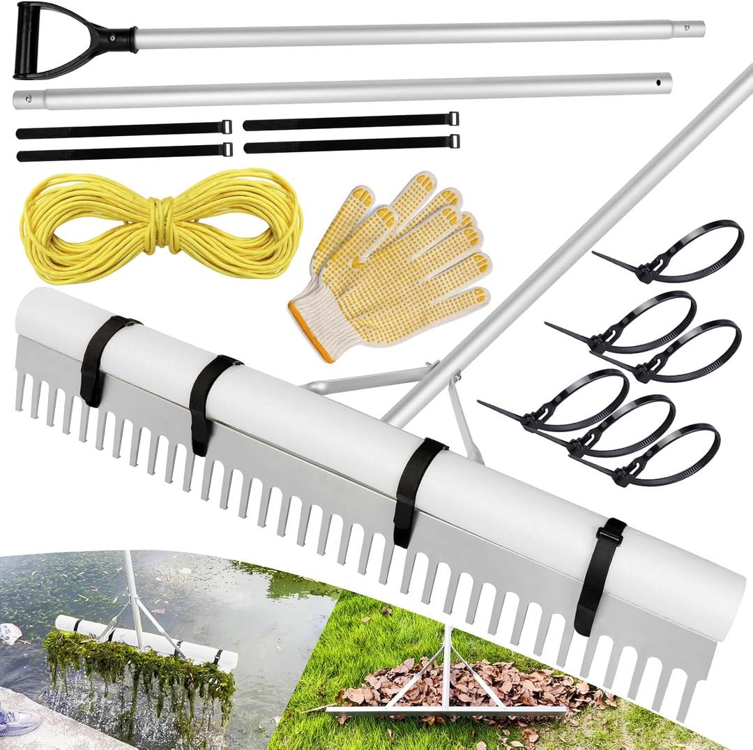 Pond Rake, 36" Aquatic Lake Weed Rake with 11'(132'') Adjustable Extension Pole, Rope and Float, 52' Throw, Aluminum Landscape Harrow for Lake, Lawns, Gardens, Beach