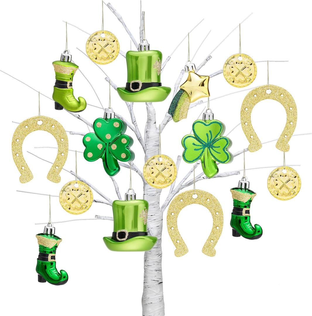 Valery Madelyn St Patricks Day Decorations Shamrock Tree Ornament Set, 20ct Hanging Ball Ornament Irish Festival Decor, Good Luck Clover Hat Shoes Green Gold Ball Baubles for Party Home Spring