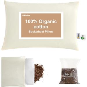 Organic Buckwheat Pillow for Sleeping with Dual-Layer Pillowcase and Extra Tartary Buckwheat Hulls, Adjust Height and Firmness, Neck Support Pillow for Back and Side Sleepers 14"x20" (Off-white)