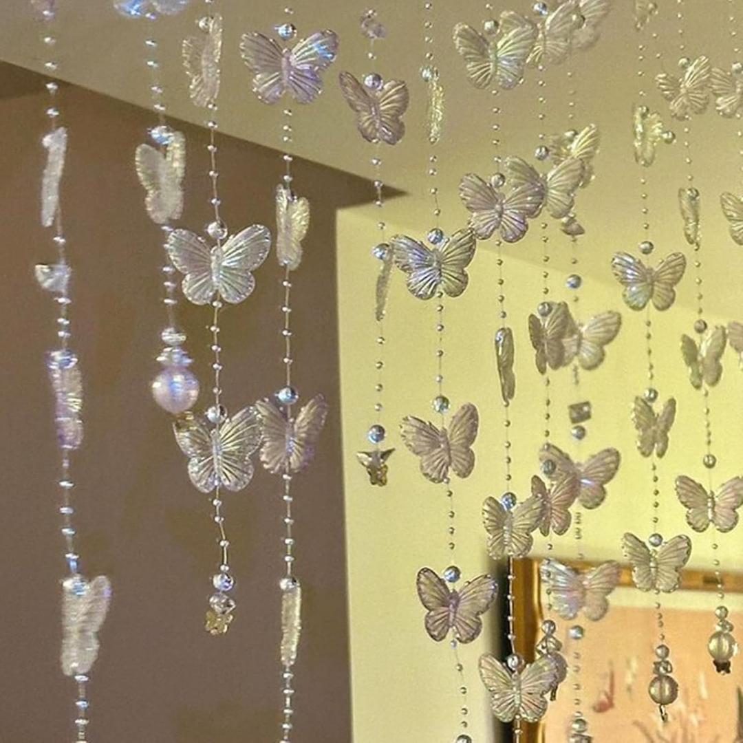 4Pcs Iridescent Butterfly Crystal Beaded Short Curtain Acrylic Door Beads Hanging for Bedroom Living Room, Room Divider for Home Decor Party Wedding, Girls Women Adult