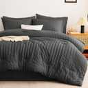 CozyLux Queen Comforter Set Dark Grey Seersucker 7 Pieces Bed in a Bag Queen Comforter Set with Sheets, Dark Gray Luxury Soft Bedding Set with Down Alternative Comforter, Sheets, Pillowcases & Shams