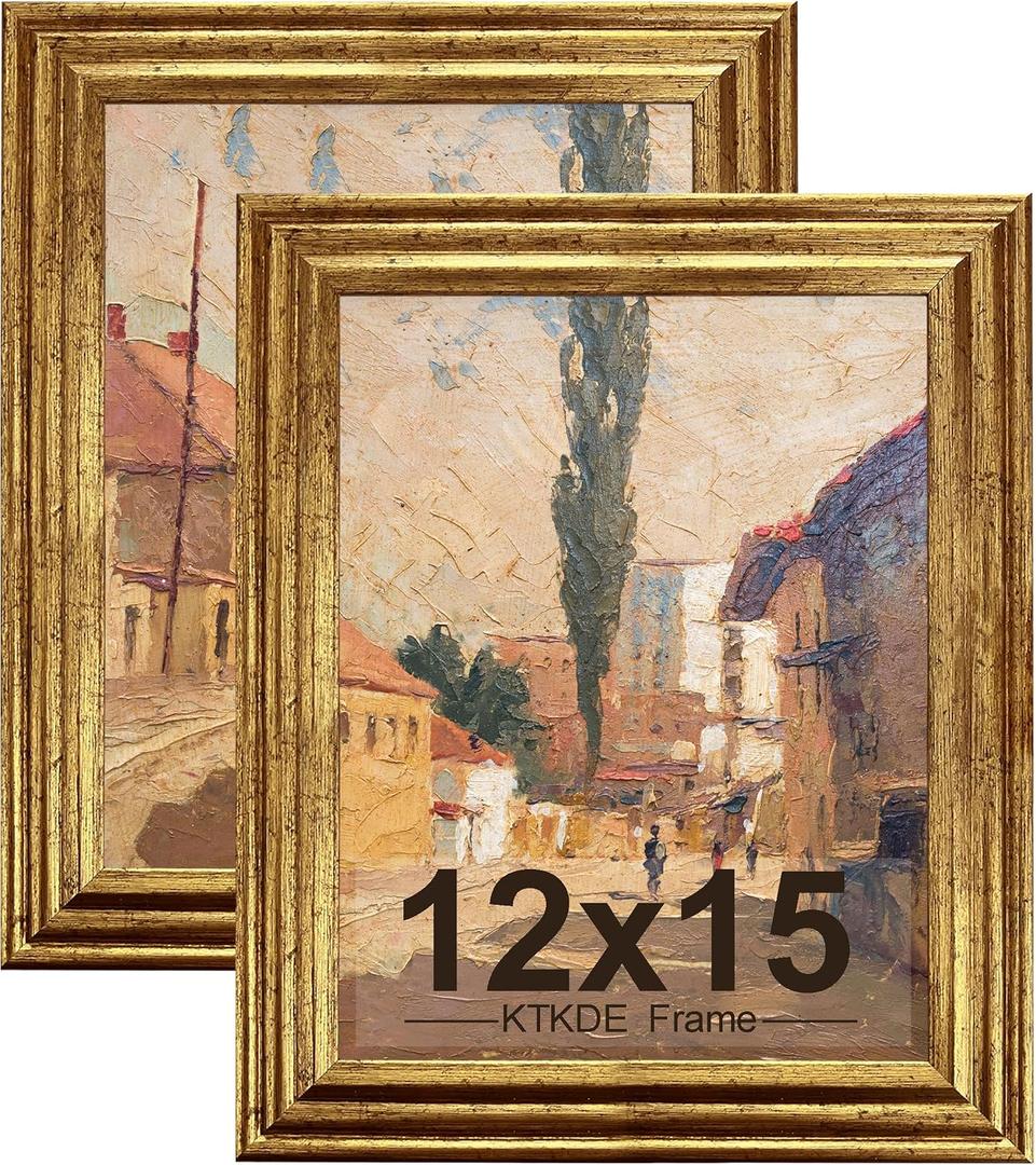 KTKDE 12x15 Picture Frame Set of 2, Ornate Vintage Gold Poster Frames with Real Glass 15x12 Ornate Finish Photo Frame for Antique Gold frame Wall Decor Display Retro Home Decor best gift