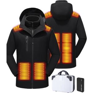 Men's Heated Jacket with Battery Pack, 10-Zone Electric Heating Jackets, Windproof Insulated Coat, Detachable Hood (Large, Black)