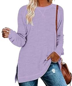 NILOUFO Womens Long Sleeve T Shirts Casual Blouses Trendy Tops Side Split Tunics 
(Lavender, Medium)