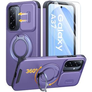 JAME for Samsung Galaxy A37/A36/A56 5G Case, Ring Holder Stand Kickstand, Slide Camera Cover, 2 Screen Protectors, Dual-Layer Shockproof Protective, Magnetic Accessory Friendly Phone Case, Purple