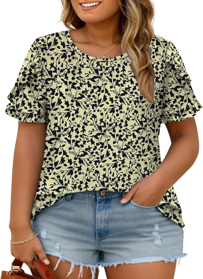 DOLNINE Womens-Plus-Size-Dressy-Summer-Tops Ruffle Petal Short Sleeve T Shirts Casual Loose Tunics Cute Trendy Blouses (XX-Large, Yh004)