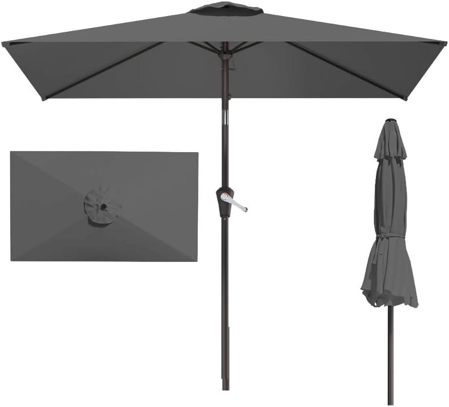 Patio Kingdom 6.5' x 10' Rectangular Patio Umbrella Large Outdoor Market Umbrella w/UV Protection, Push Button Tilt and Crank Lift, Rectangle Table Umbrella for Garden, Deck, Pool, Patio, Grey