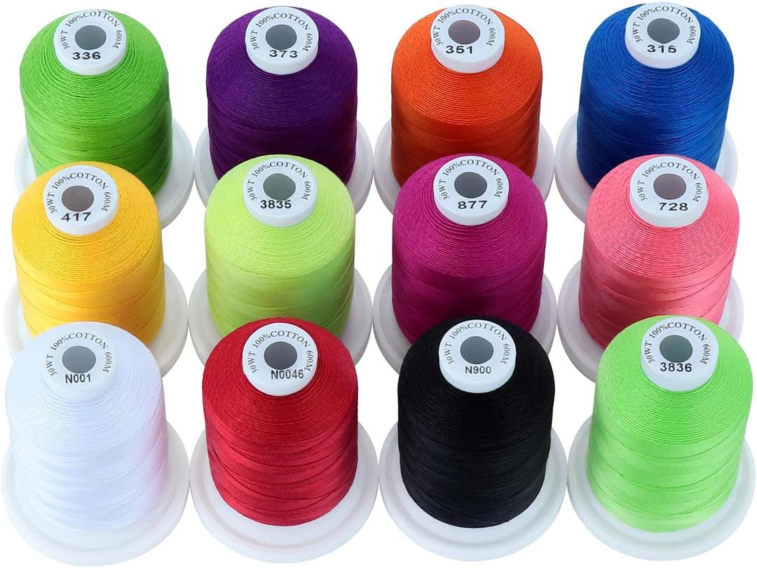 New brothread - 18 Options - Multi-Purpose 100% Mercerized Cotton Threads 50S/3 600M(660Y) Each Spool for Quilting, Serger, Sewing and Embroidery - 12 Bright Colors