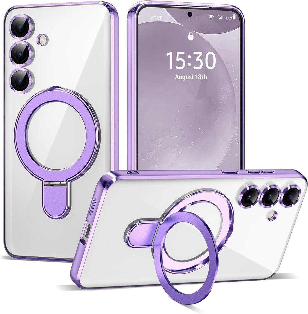 Compatible with Samsung Galaxy S24 Plus Case with Magnetic Ring Stand [Compatible with Mag-Safe] [Full Camera Lens Protector] Plating Clear Phone Case for Samsung S24 Plus 6.7", Light Purple