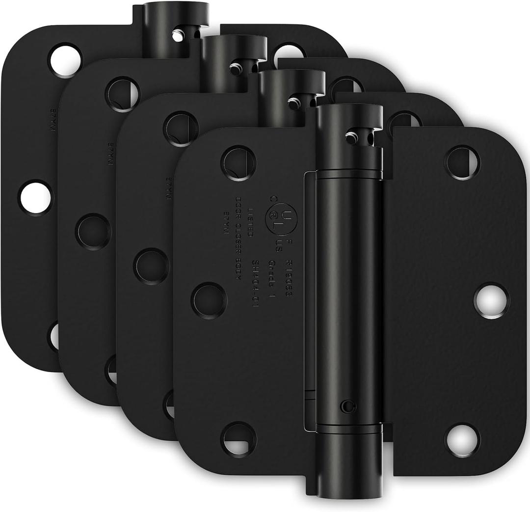 4 Pack Self Closing Door Hinges, Spring Hinges Self Closing 3.5 Inch with 5/8'' Radius Corners, Adjustable Tension for Garage, Front, Back Door, UL Listed, Left and Right Hand, Matte Black