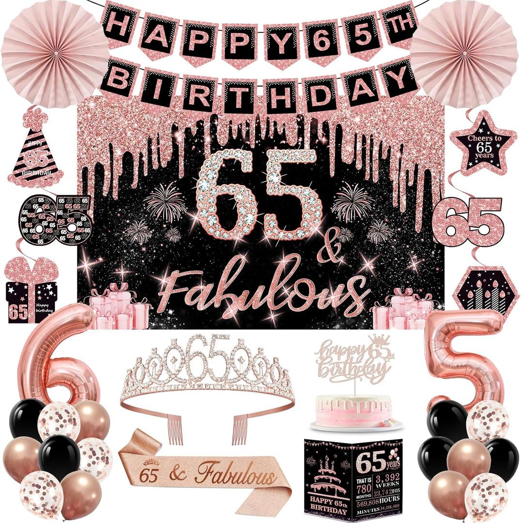 65th Birthday Decorations for Women,32PCS 65th Birthday Party Decorations,Including Backdrop, Crown, Sash, banner, Hanging Swirl,Cake Topper,balloons,Paper Fans,Anniversary Card and paper fans