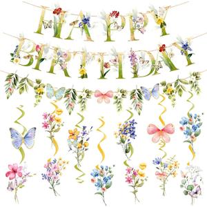 SUNBEAUTY Wildflowers Butterfly Birthday Decorations Garden Flower Happy Birthday Banner with Floral Hanging Swirls Wildflower Party Decorations for Women Girls Baby Shower Wedding Tea Party