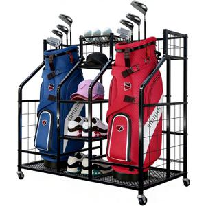Golf Bag Storage Organizer Stand with Wheels - Heavy Duty Steel Rack Holds 2 Golf Bags with Central Storage Shelf for Golf Balls, Shoes & Accessories, Space Saving Garage Golf Club Equipment Holder