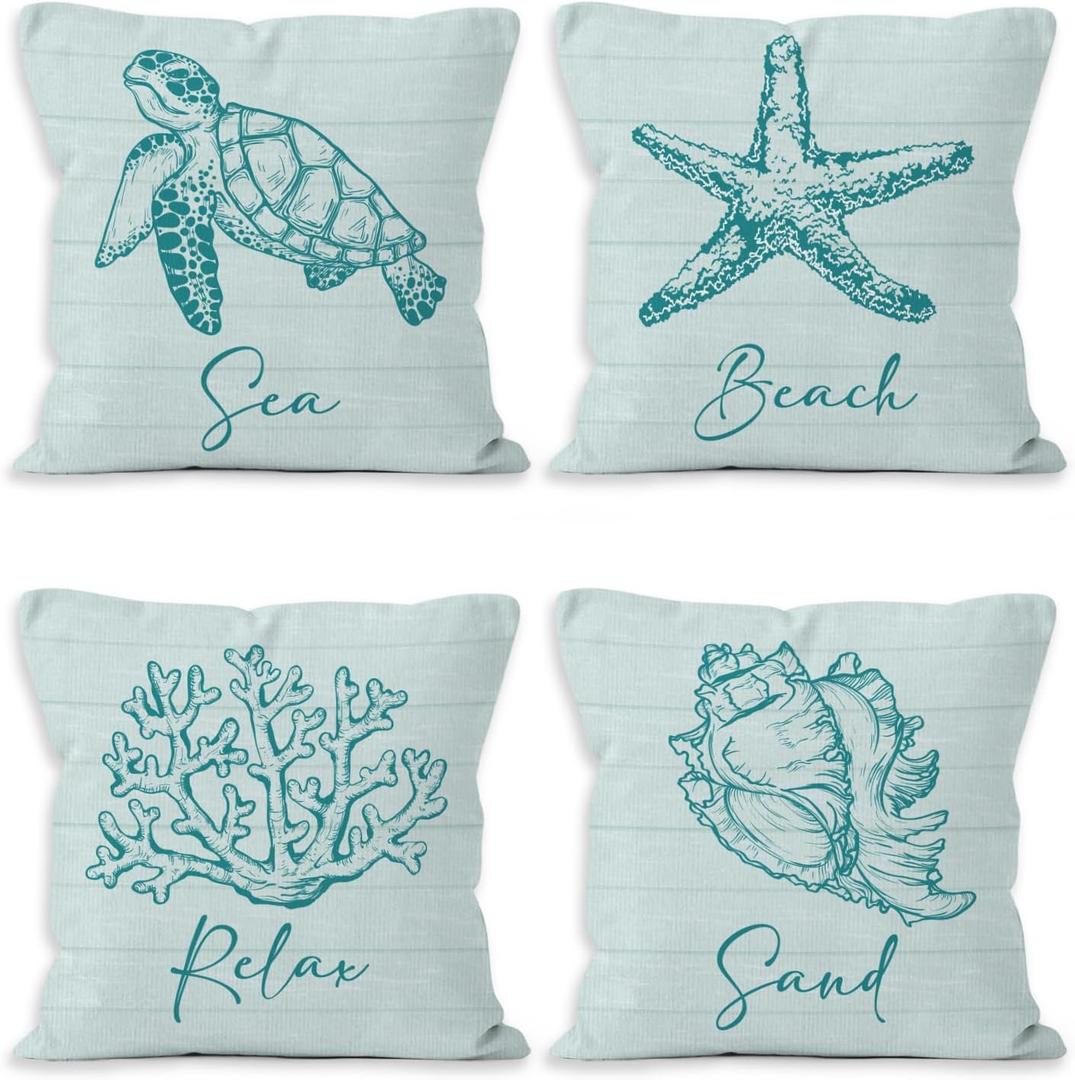 Coastal Beach Throw Pillow Covers 18x18, Ocean Sea Turtle Starfish Coral Seashell Decorative Pillow Covers for Home Bedroom, Coastal Pillowcases, Beachy Room Decor Accent Pillows Cover Set of 4