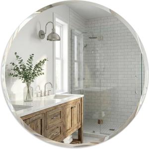 30 Inch Round Frameless Bathroom Mirror with Solid Backing, Beveled Edge Circle Vanity Mirror for Over Sink, Large Wall Mirror for Entryway Fireplace
