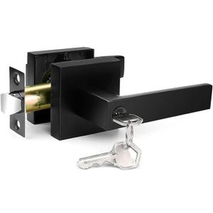 Matte Black Door Handle, Door Knobs with Lock and Key, Interior & Exterior Door Handles with Reversible Lever, Heavy Duty Lock Set for Bedroom Bathroom, 1-Pack