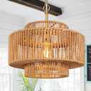 12.5" Rattan Chandelier 1-Light Woven Rattan Pendant Light Boho Wicker Pendant Lighting Fixture Farmhouse Chandelier Light Fixture 3-Tier Drum Wicker Golden Chandeliers for Dining Room (Brown-Gold Finsh)