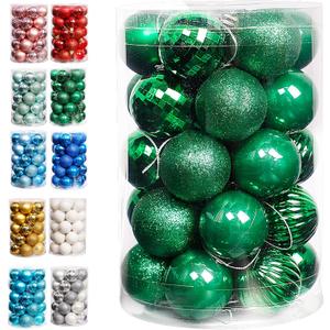 Lulu Home Christmas Ball Ornaments, 34 Ct 1.57" Pre-Strung Hanging Ornament Decorations, Xmas Shatterproof Plastic Balls for Holiday Party Wreath Garlands Trees, Green