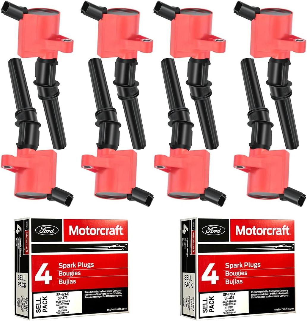 MAS Set of 8 Red Ignition Coil Pack DG508 & 8pcs Motorcraft Spark Plug SP479 Compatible With Ford F150 E250 Expedition Excursion Lincoln Navigator Replacement for DG457 DG491 3W7Z12029AA