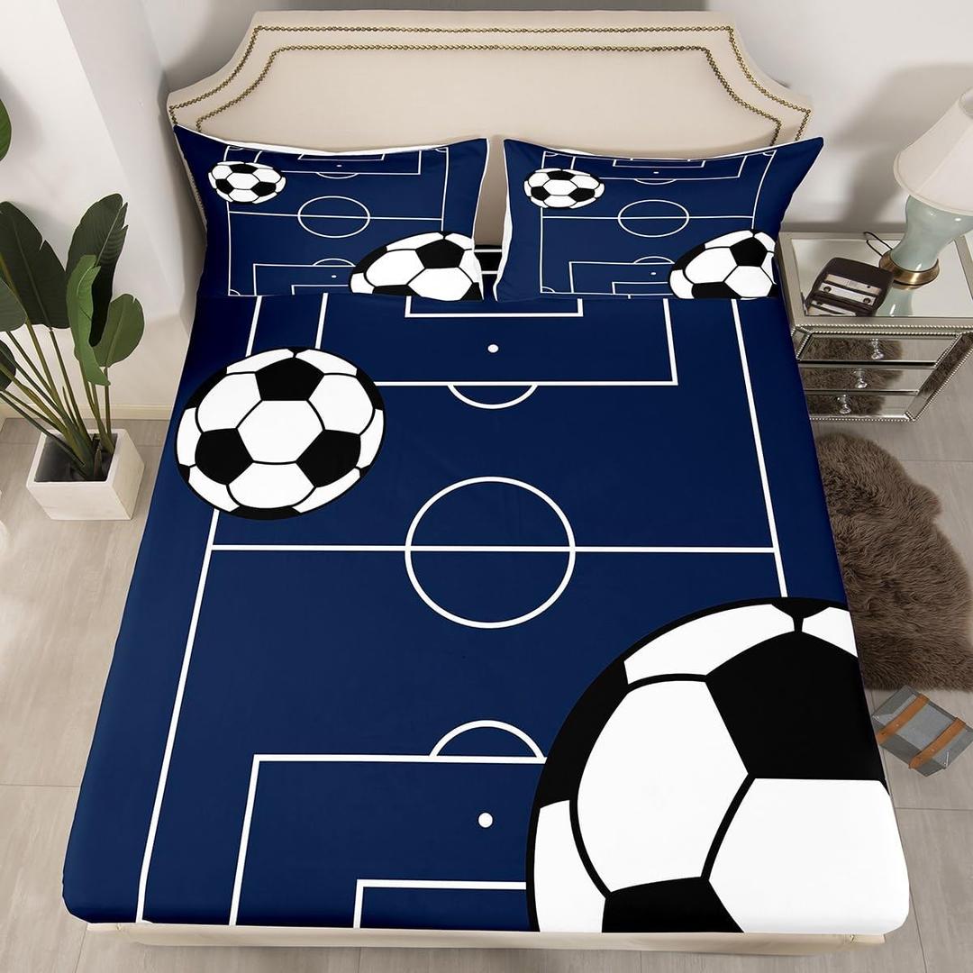 Football Fitted Sheet Queen Size,White Black Soccer Ball Field Mattress Cover with 2 Pillowcases,Gaming Sports Navy Blue Football Court Breathable Bed Sheet for Teens Adult,No Flat Sheet (QUEEN (W60*L80*H16"), Multi 13)
