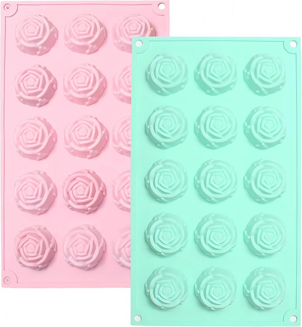 Flower Silicone Mold 2-Pack 15-Cavity Non-Stick Rose Shape Candy & Ice Cube Mold for Baking & Jelly Making (Pink, Green)