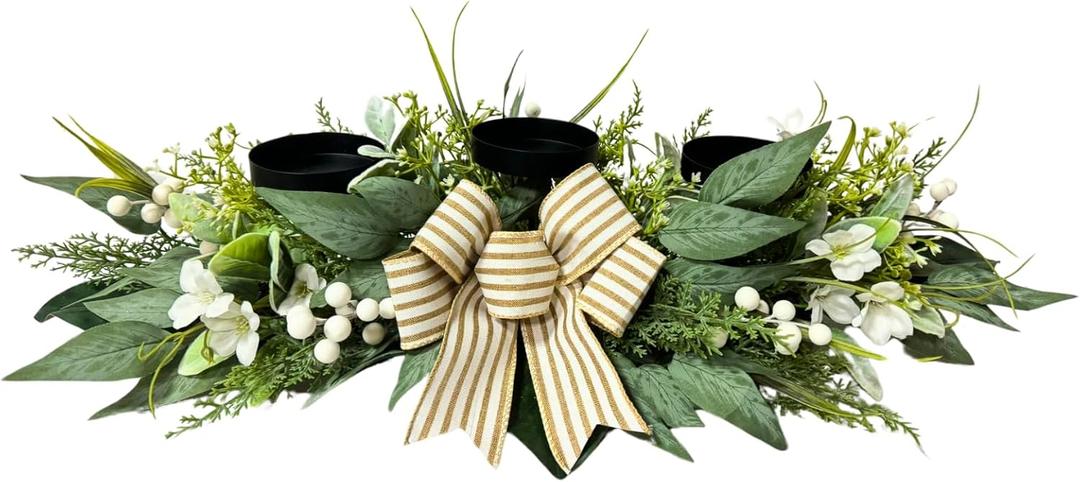 Candle Holder Centerpiece for Table,3 Wick Candle Holder with Artificial Gypsophila Flower,Artificial Eucalyptus Leaves Magnolia Holly Berries and Striped Bow for Table Centerpiece Decor,Dining Room
