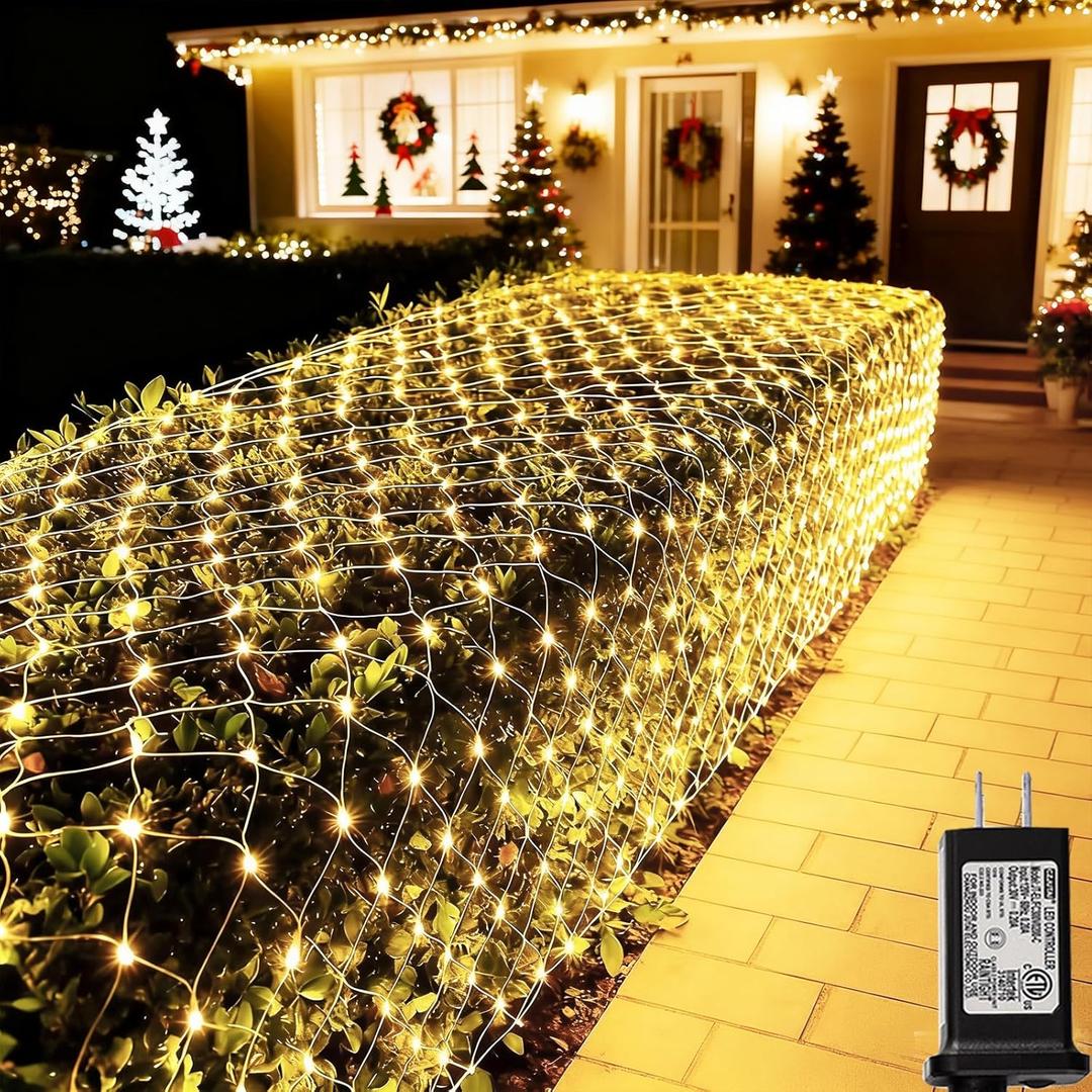 Lovelite 360 LED Net Lights, 21ft x 5ft Christmas Mesh Lights Clear Wire 8 Modes, Waterproof Connectable String Light Plug in for Xmas Tree Bushes Garden Outdoor Party Decorations - Warm White