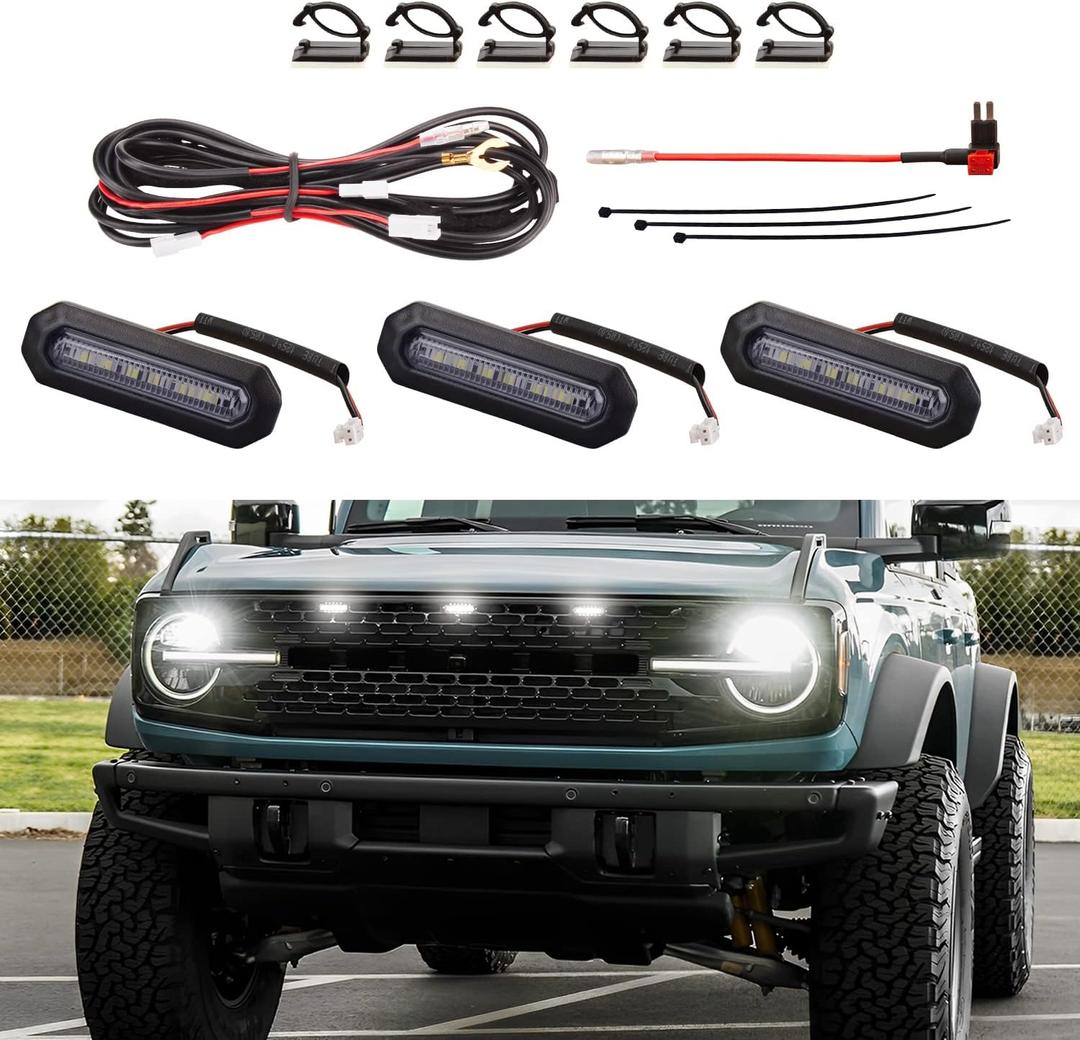 AUXLIGHT 3-PCS LED Grille Lights for For-d Bronco 2021-2023 Badlands/Wildtrak/Everglades Accessories, 2/4-Door OEM Grill Lights with Fuse & Wiring Harness (White)