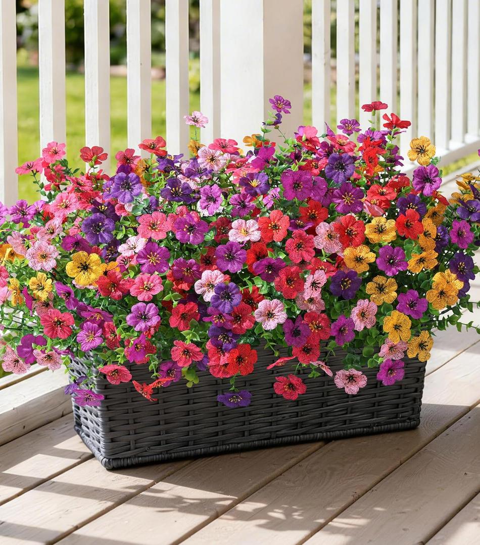 Ivydale Artificial Flowers for Outdoor 24 Bundles Fake Mums with Eucalyptus Leaves UV Resistant Silk Faux Daisy Flower Plant for Outside Home Porch Patio Window Box, 6 Color Mixed