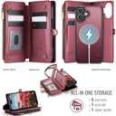 Defencase for iPhone 17 Magnetic Wallet Case Compatible with Magsafe with RFID Blocking Zipper Pocket & Card Holder for Women Men PU Leather Strap Detachable Case for iPhone 17 (6.3 inch), Wine Red