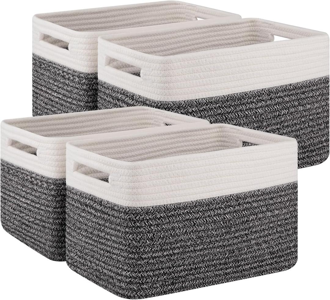 4 Pack Storage Baskets for Organizing, Woven Baskets for Shelves - Perfect for Toys, Books, Towels, and Clothes, Durable Gift Basket Bins Toy Storage, 12.7''Lx9''Wx7.8''H, Black & White