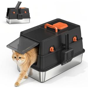 Stainless Steel Litter Box with Lid, Enclosed Metal Cat Litter Box with 120 Flip-Top & Built-in Handle, Easy Clean High-Sided Cat Pan with Cat Scoop Holder for Odor Control,Leak-Proof,Black