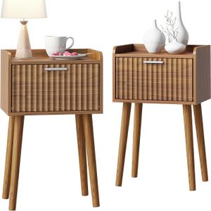 LAATOOREE Small Nightstands Set of 2, Side End Table, Bedside Table with Fluted Door, Solid Wood Feet; for Bedroom, Small Bed