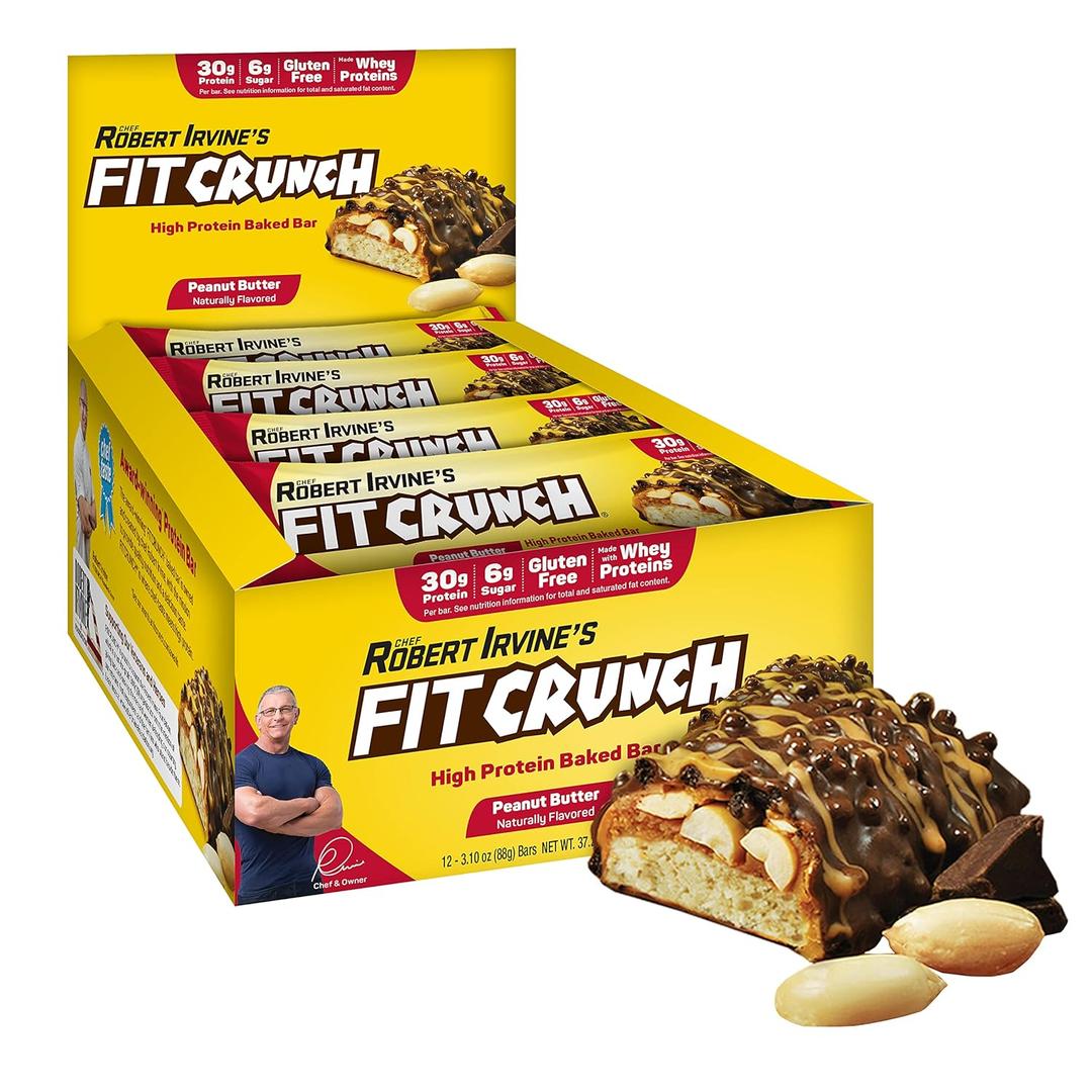 FITCRUNCH Full Size Protein Bars, 6-Layer Baked Bar, 6g of Sugar, Gluten Free & Soft Cake Core (12 Bars, Peanut Butter) BB Date 07/02/2026