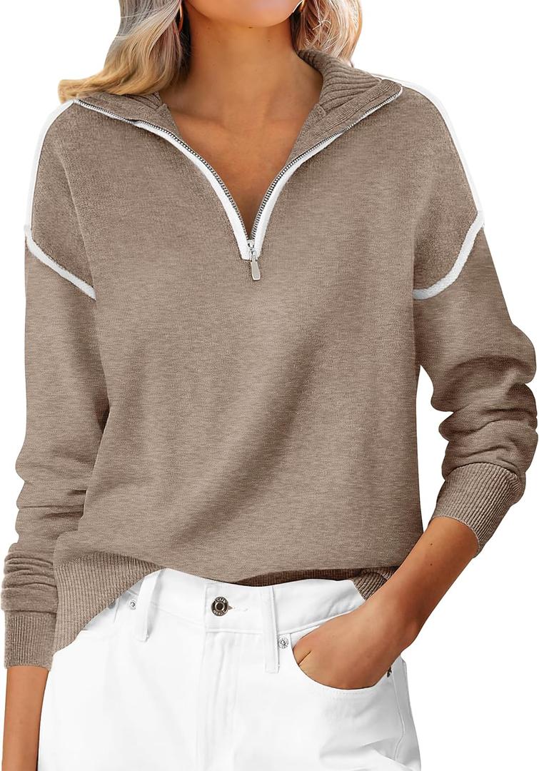 ANRABESS Womens Quarter Zip Sweaters Fall Long Sleeve V Neck Shirts Collared Business Casual Tops Knit Pullover Sweatshirts (L)