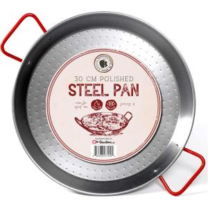 Gourmanity 12 inch Carbon Steel Paella Pan, 30cm Polished Steel Large Skillet From Spain, Great for Paella Parties Indoors, Outdoors, Camping & More, Imported Spanish Paellera, Made by Garcima