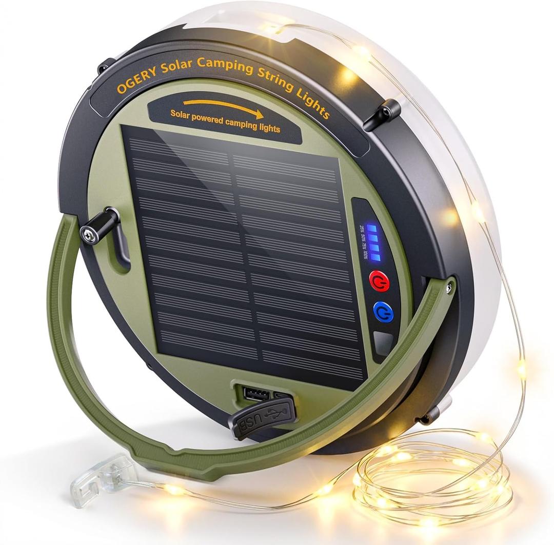 OGERY Solar Camping String Lights, 5400mAh/ 49.2FT/ 11 Modes Rechargeable Camping Lights Outdoor/Indoor, 4-in-1 Quick Storage Fairy Tent Lights Portable LED Lamp for Patio Yard Party Decor Essentials (Green)