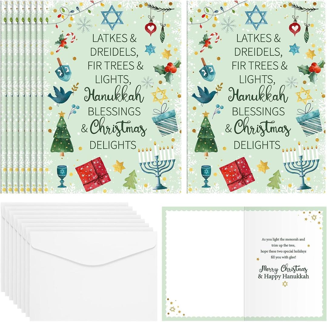 12 Sets Hanukkah and Christmas Holiday Card Bulk Latkes and Dreidels Fir Trees and Lights Interfaith Christmas Hanukkah Cards with Envelopes for Xmas Chanukah Gifts Party Supplies
