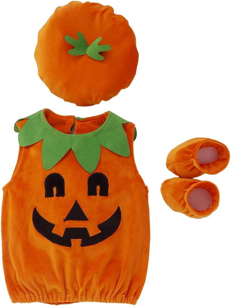 Bagilaanoe Toddler Baby Boy Girl Halloween Outfit Pumpkin Bodysuit Halloween Costumes Romper Tops Hat Footies (0-6 Months)