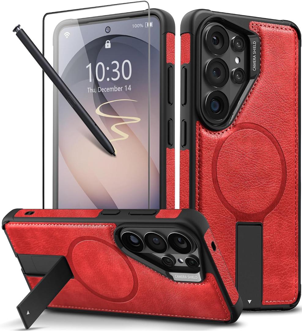 Strong Magnetic for Samsung Galaxy S26 Ultra Case Leather,[Compatible with MagSafe], Adjustable Kickstand, Shockproof Protective Cover for Samsung S26 Ultra (Red)