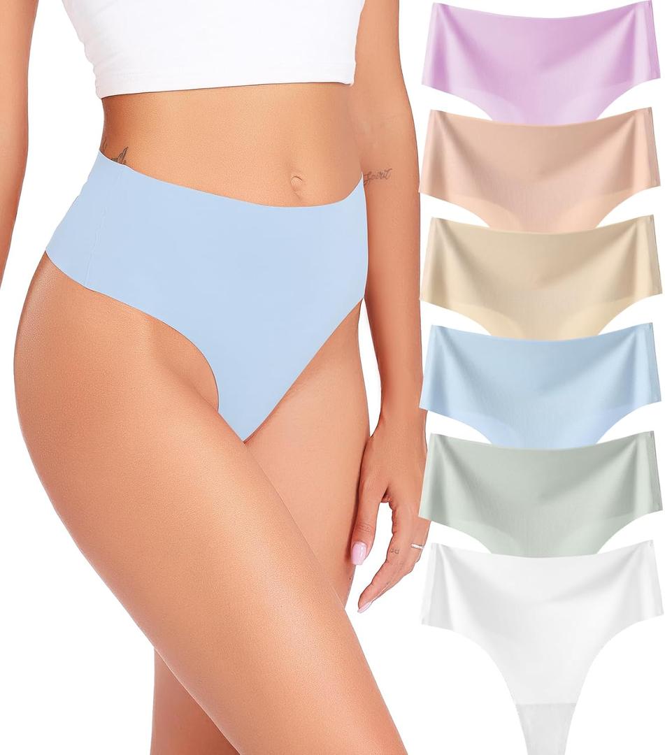 Wealurre Womens Underwear High Waisted Seamless Thongs for Women Breathable No Show Panties for Ladies 6 Pack (M)