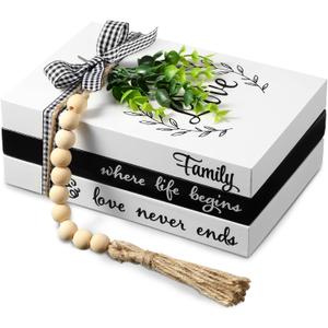 Capoda 3 Pcs Decorative Books for Home Decor Farmhouse Faux Stacked Books Wooden Rustic Table Decor with Bead Garland Twine Ribbon Faux Leaf for Table(Love)