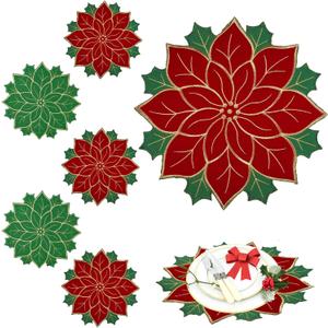 Breling 6 Pieces Christmas Poinsettia Placemats 16 Inch Round Red and Green Placemats Poinsettia Flower Table Mats Xmas Embroidered Table Mats Holiday Doilies for Dinner Home Party Decoration