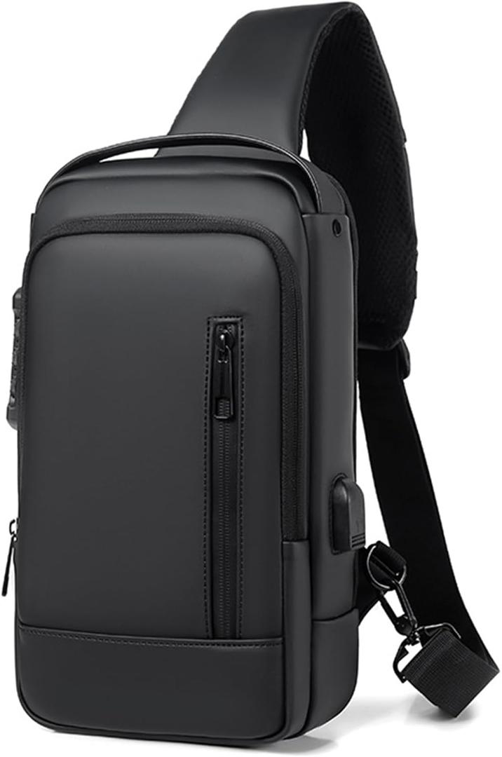 Sling Bag for Men Anti-theft | Crossbody USB PU Leather Shoulder Bag Chest Bag Waterproof Lightweight One Strap Backpack (Black)
