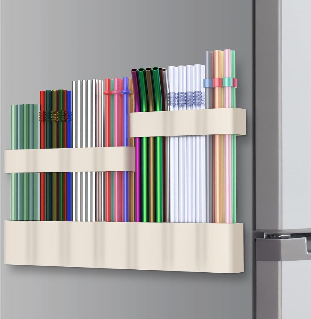 Straw Holder Large for Refrigerator 112025 Adjustable Two-Part Magnetic 3in1 Split Design Reusable Tumbler Straw Organizer Storage (Gream) (cream)