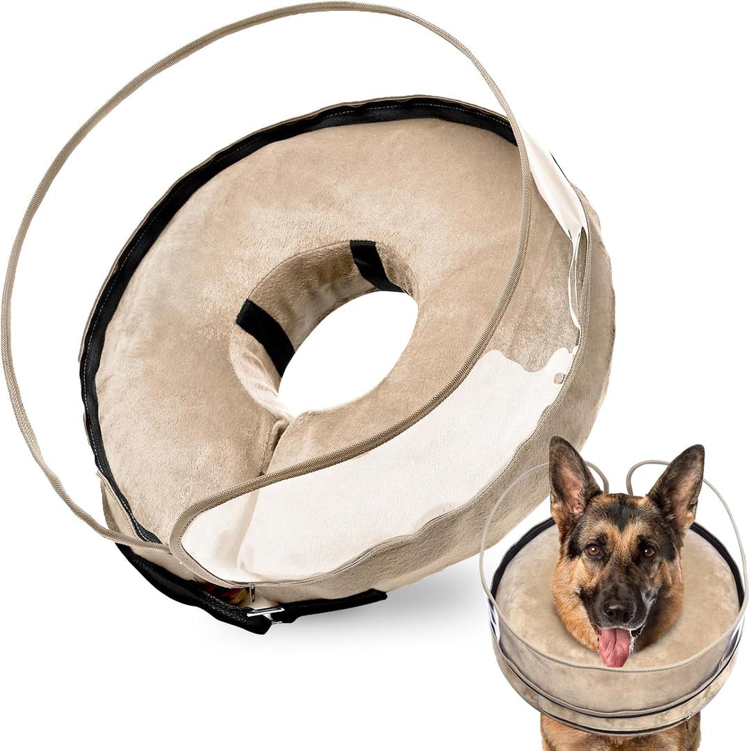 BARKLESS Dog Cone, Inflatable Dog Cone After Surgery for Small Medium Large Breeds, Soft Surgery Collar with Enhanced Anti-Licking Guard Shield for Pets, Protective Donut Collar (M+ (Neck:11"-14"), Tan)