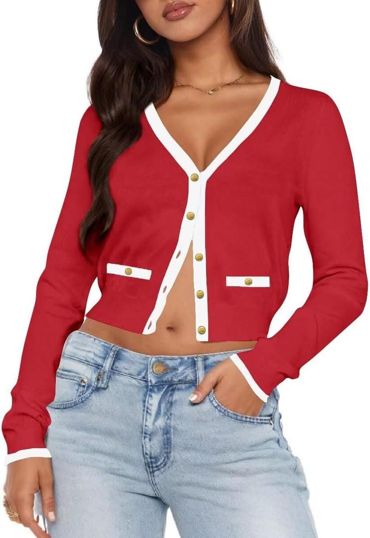 LEEDYA Women's Long Sleeve Cardigan Open Front Knit Cropped Sweaters Fall Color Block Button Down V Neck Lightweight Tops (Large, Red)