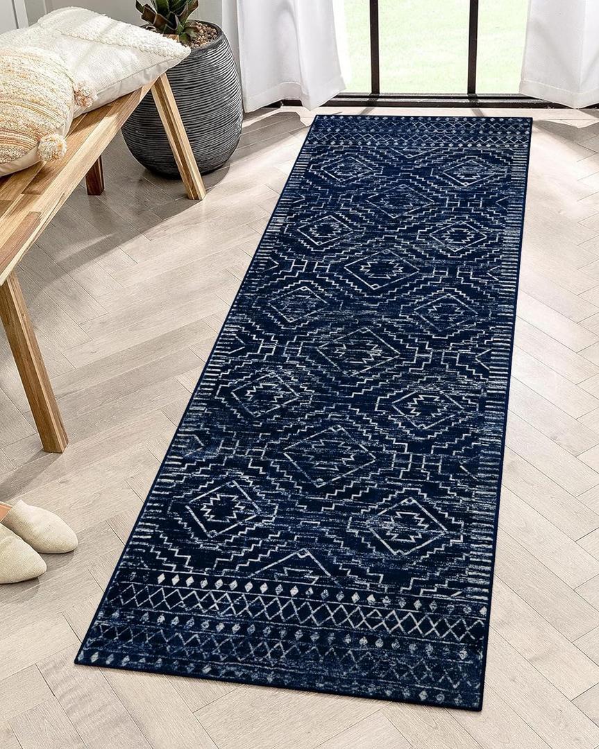 Wonnitar Moroccan Kitchen Runner Rugs, Non-Skid Washable Runner Rug 2x6, Bohemian Non-Shedding Soft Blue Hallway Runner, Geometric Low Pile Carpet Runner for Laundry Bath Entrance (Blue,2'x6')
