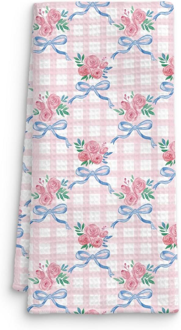 Coquette Blue Bow Floral Kitchen Towel, Grandmillennial Pink Rose Flower Gingham Hand Towel for Bathroom, Pink and White Checkered Dish Tea Towel, Coquette Bathroom Decor, 16x24 Inch